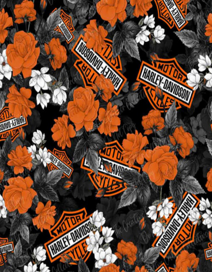Harley-Davidson logo pattern with orange roses and white flowers on a black background