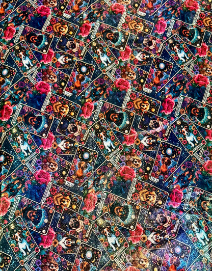 Colorful tarot card pattern with intricate designs and flowers.