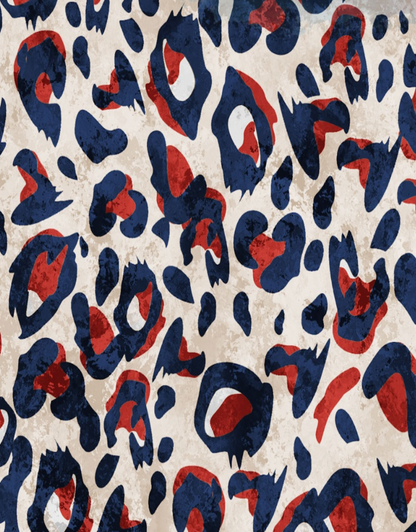 Leopard print pattern with blue and red on a beige