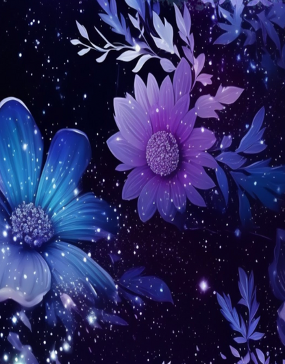 Blue and purple flowers against a starry night sky background