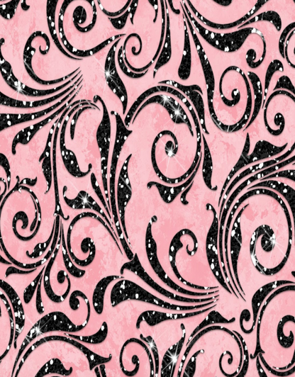 Black decorative swirls on a pink background