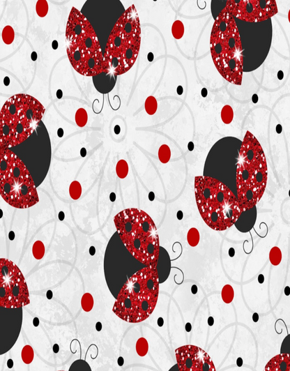 Pattern of red and black ladybugs on a white background
