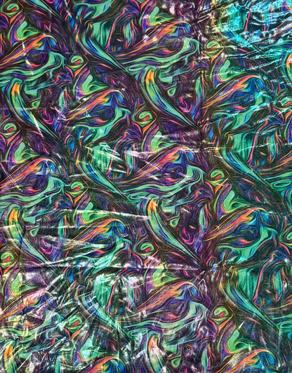 Holographic metallic fabric with multicolor swirl pattern